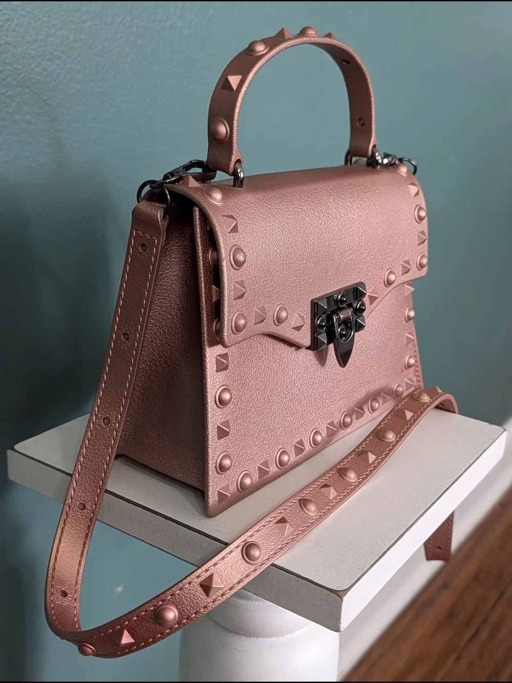 Metallic Rose Gold Studded Jelly Handbag/Crossbody Bag